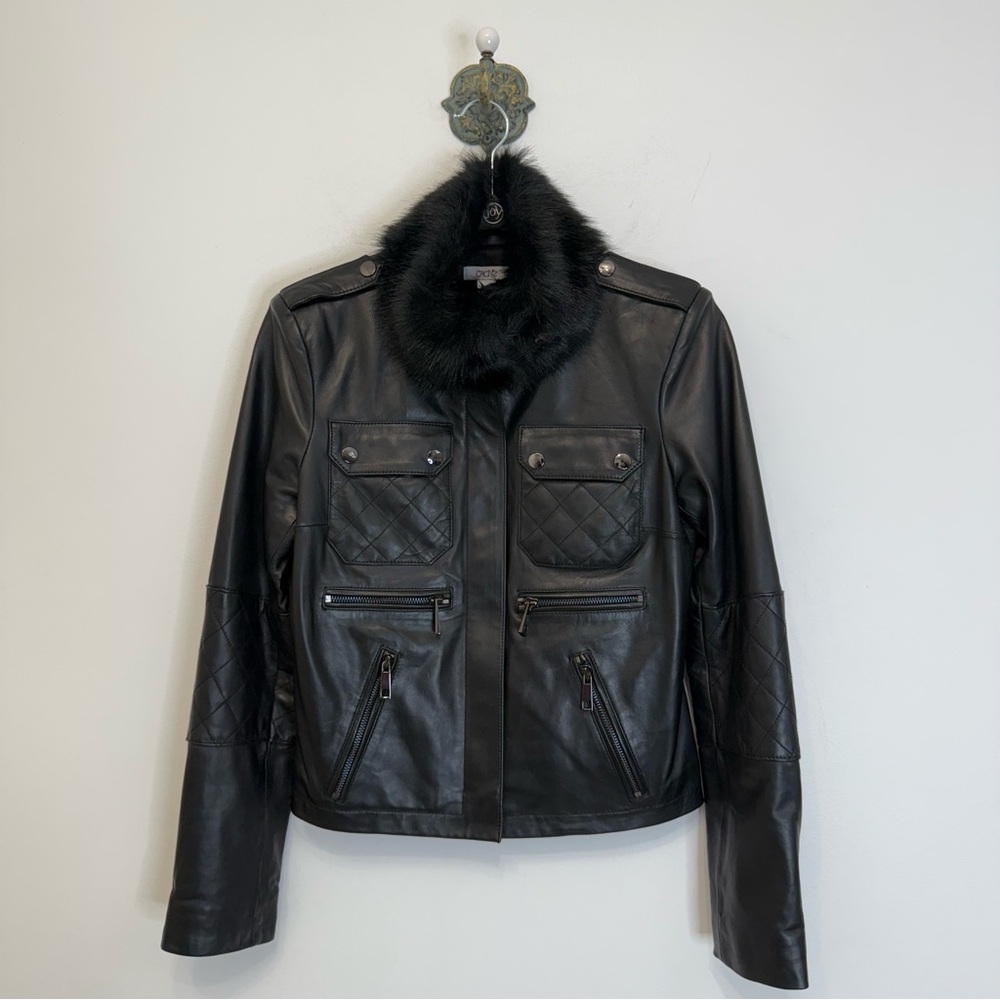 Cache’ Black Leather Faux Fur Mock Neck Collar Moto Biker Jacket Women’s Small